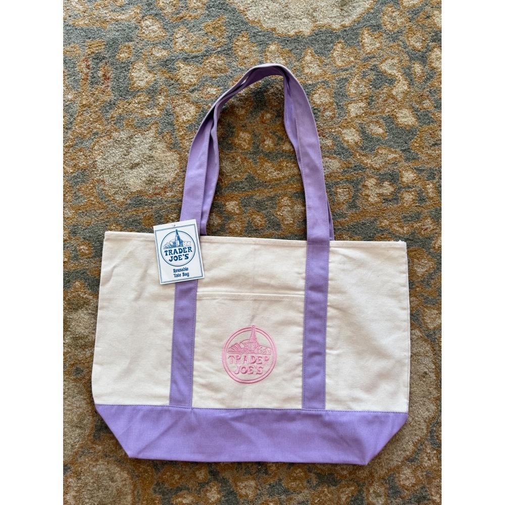 NWT Large Trader Joe's Reusable‎ Canvas Tote Bag Lavender Pink Logo